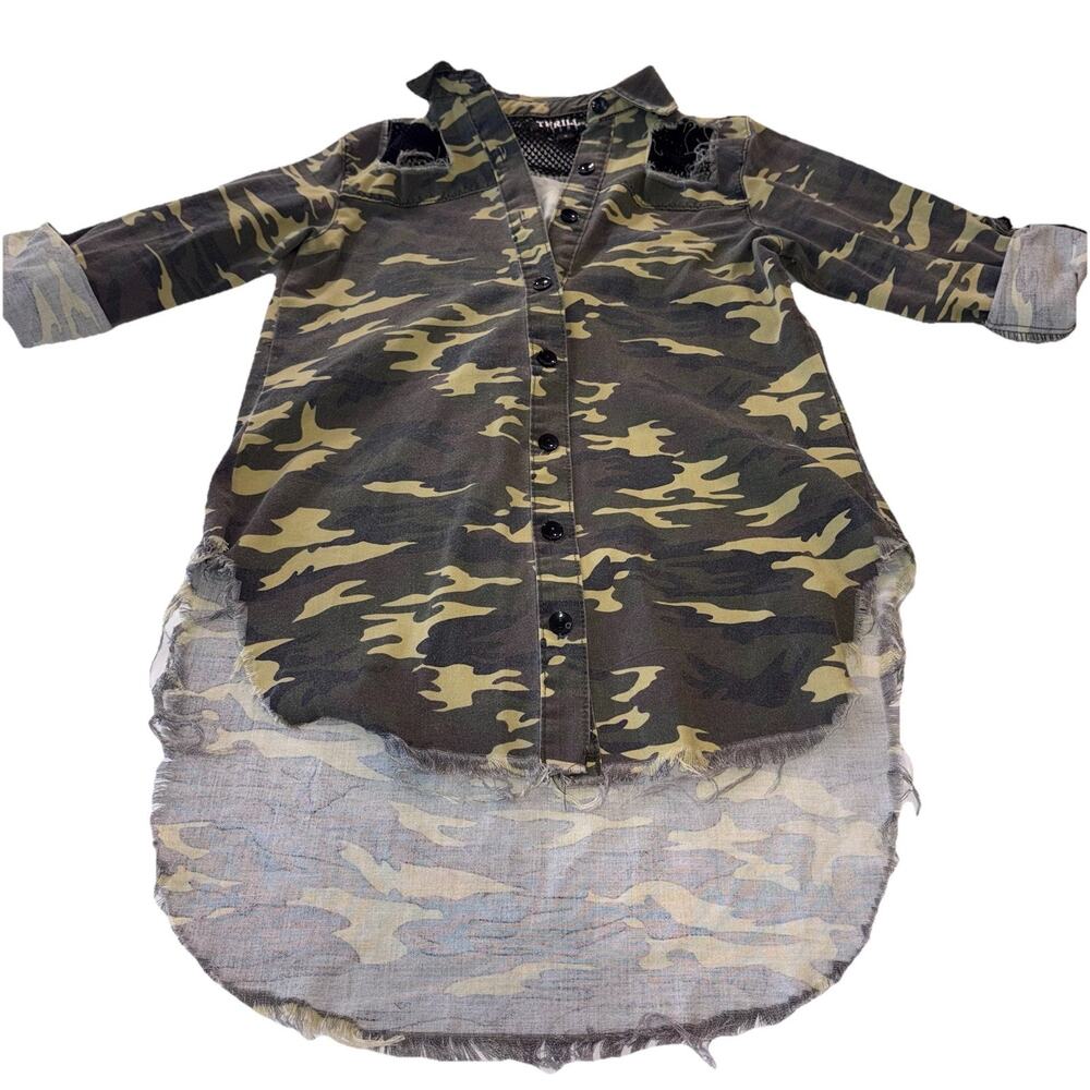 Trill Jeans Women's Small Distressed‎ Camo Denim Shirt Jacket Mesh Army Green